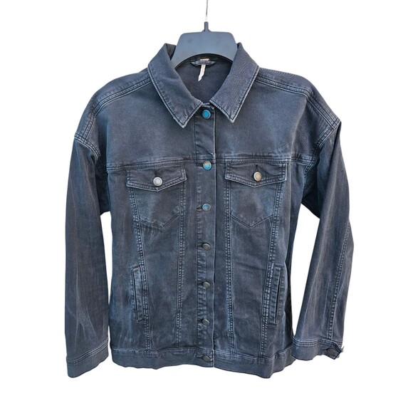 Free People Jean Jacket Washed Black Denim Trucker Size Small S Stretch - Picture 1 of 15